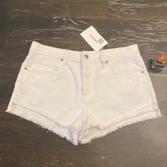 Frame Denim Pants - $188 NWT FRAME x Revolve | White Denim Button Fly Distressed Raw Hem Denim Short